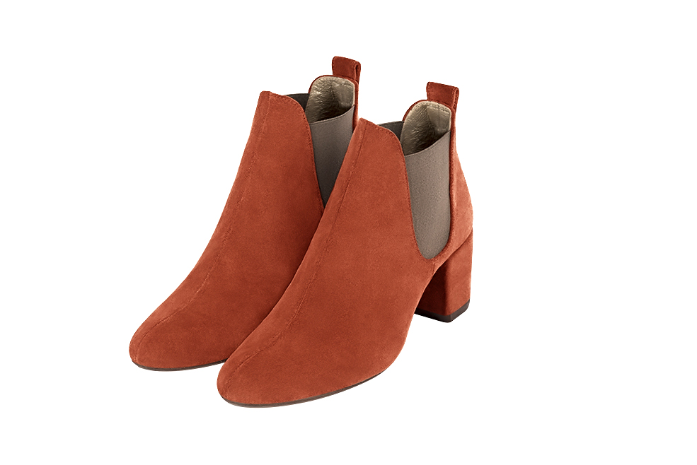 Terracotta orange and taupe brown women's ankle boots, with elastics. Round toe. Medium block heels. Front view - Florence KOOIJMAN